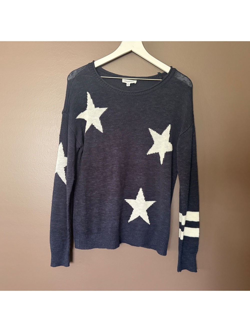 Freshman Navy Blue Ivory Star Knit Sweater Oversized Preppy Americana